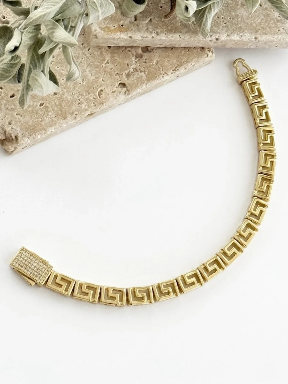14K Gold Plated Greek Key Link Bracelet with CZ Pavé Box Clasp | Luxury Jewelry
